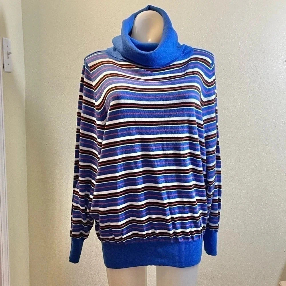 Vtg Sue Brett Turtleneck Sweater Top Blue Striped Acrylic Ski Sz 24 See Msrmnts